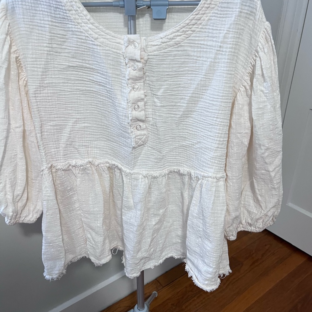 Cato Cream Textured Button-Up Blouse, raw hem. boho style